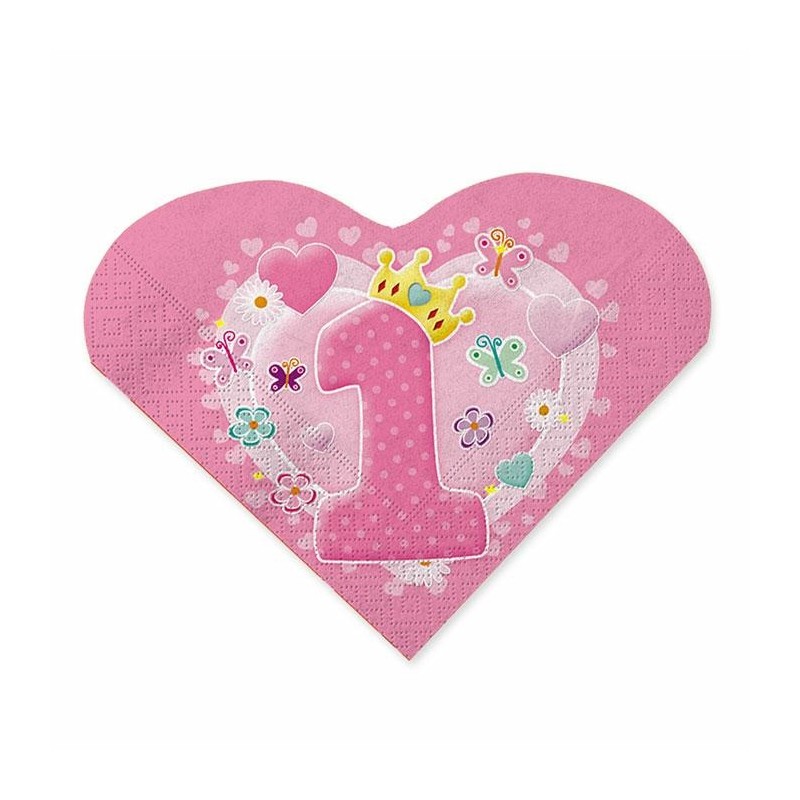 TOVAGLIOLI CUORE PRIMO COMPLEANNO ROSA 33X33CM 20PZ